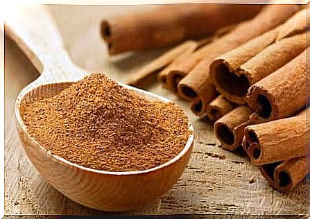 Cinnamon in a wooden spoon