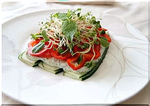 Healthy food topped with alfalfa