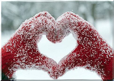 Mittens with snow shape the heart