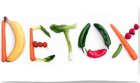 Fruits and vegetables laid out on a white background to spell "DETOX"